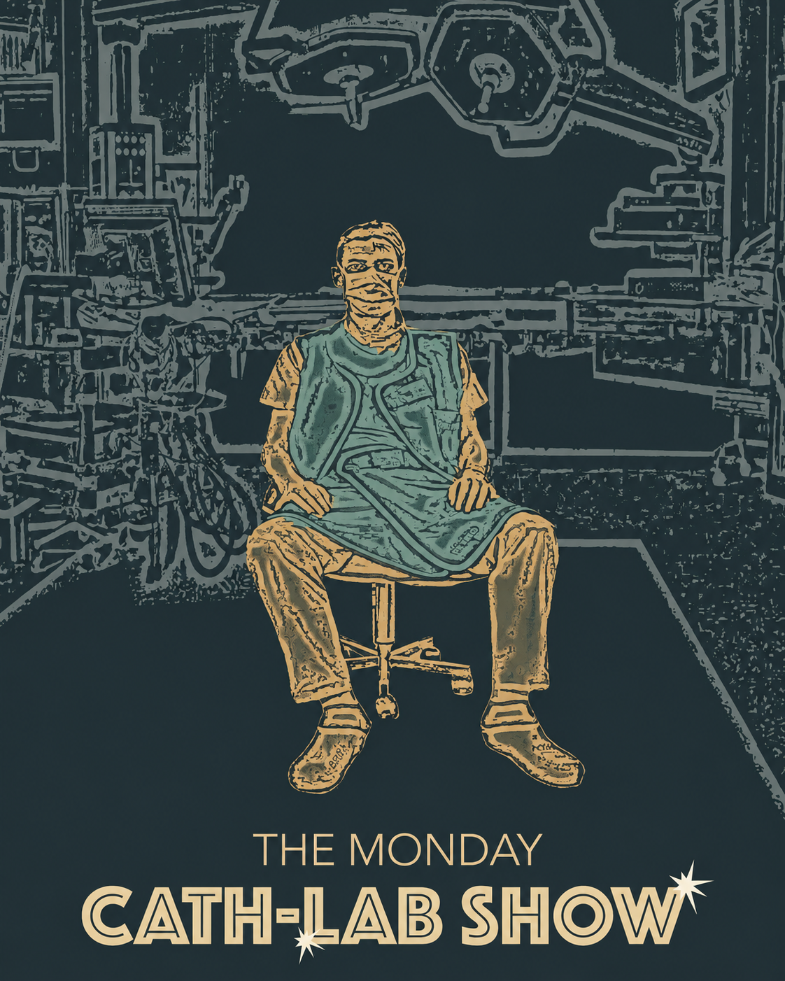 Logo The Monday Cathlab Show con un operatore seduto nella sala di emodinamica